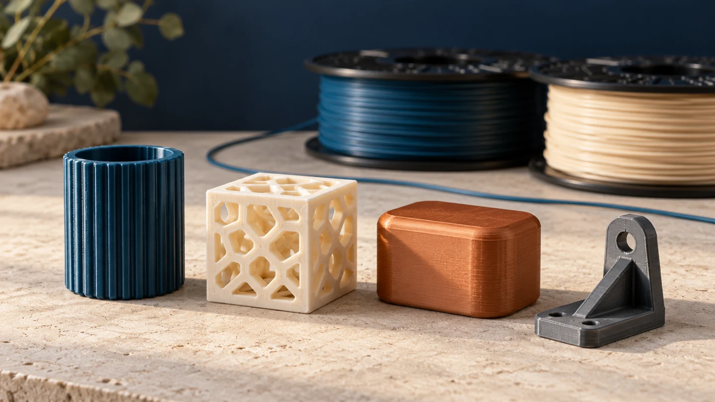 3D-gedruckte Materialmuster in Petrol, Elfenbein, Kupfer und Grau neben Filamentrollen